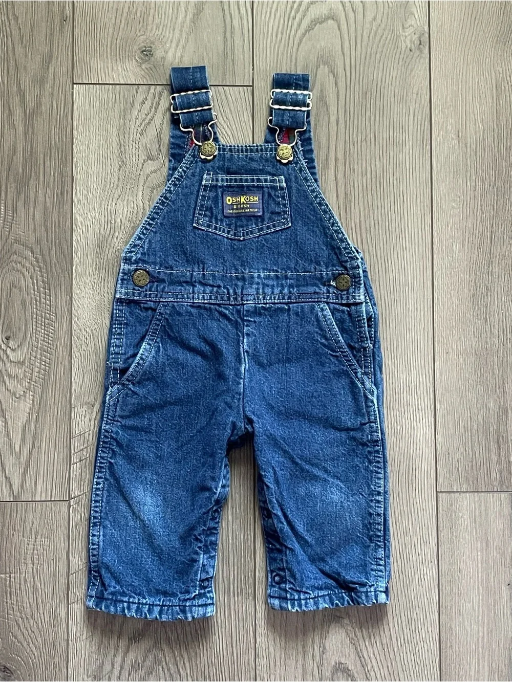 Vintage Oshkosh B’gosh Vestbak USA Plaid Flannel Lined 12m Baby Denim Overalls